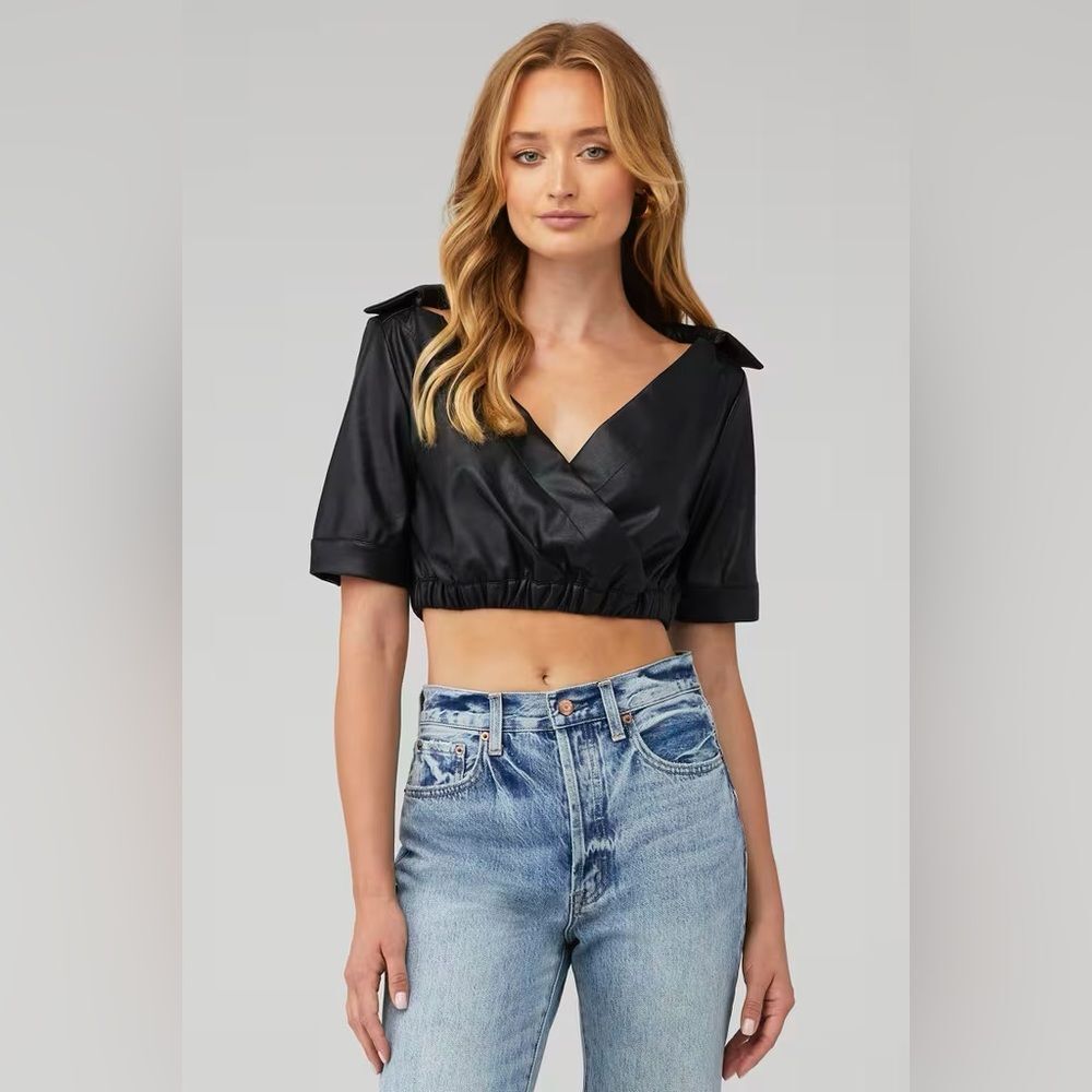 Nonchalant the Label Women's Kate Black Faux Leather Blouse Top Size XS